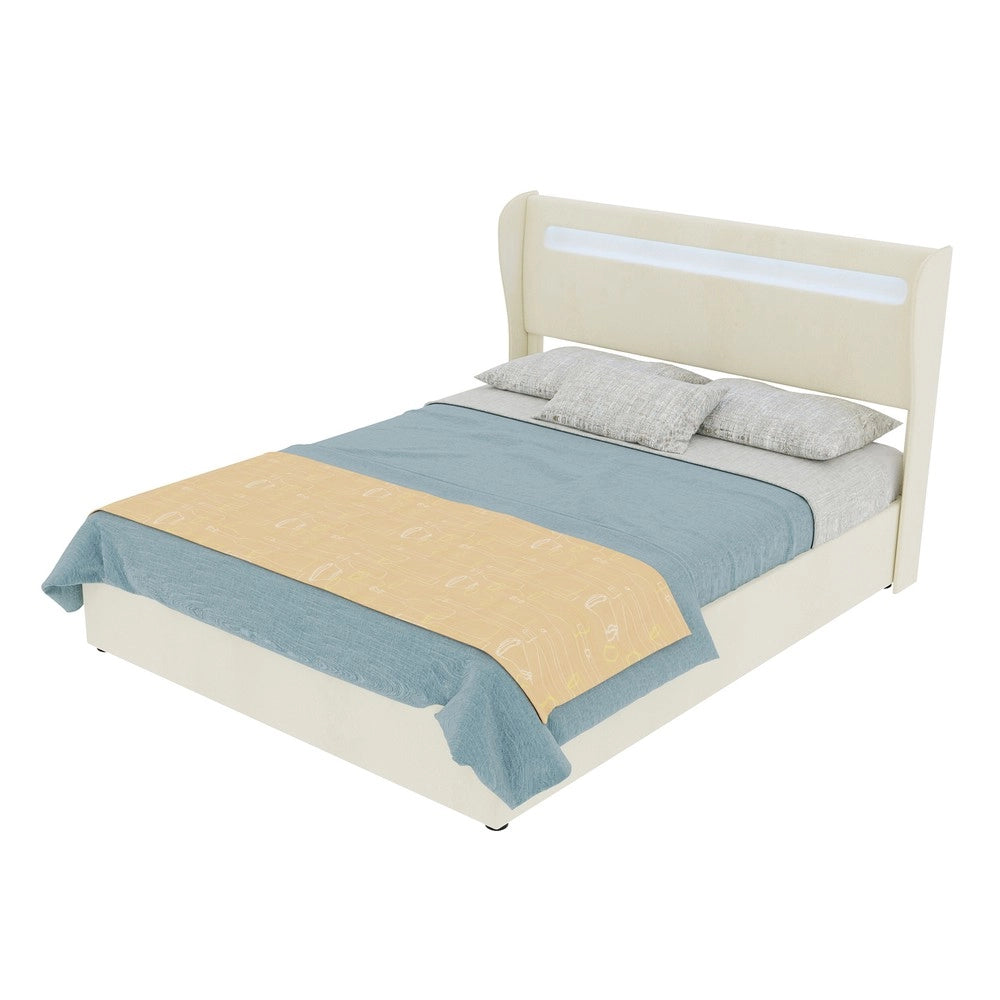 Letto Contenitore Imbottito con Testiera LED ¨C MINIMAL ¨C Velluto Beige 140x200