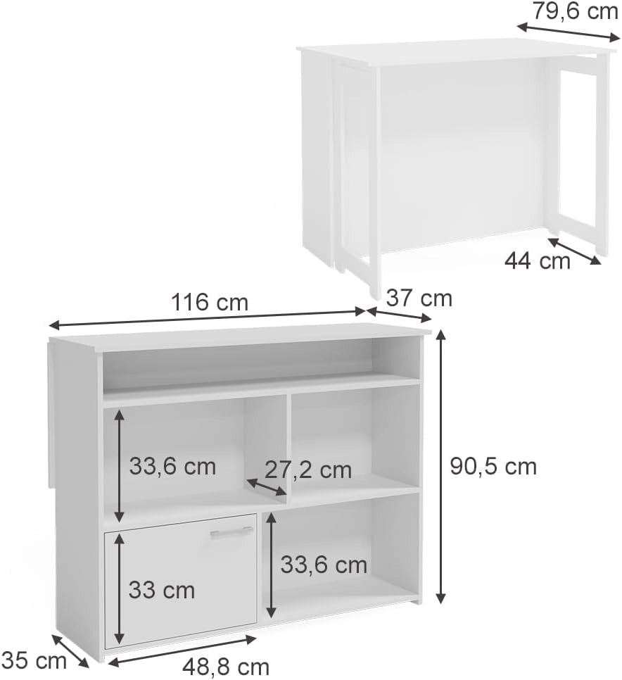 Tavolo bar alto Dominic, Bianco, 116 x 37 cm 4x scomparti aperti e 1x porta, piano del tavolo pieghevole per un utilizzo flessibile in spazi ridotti