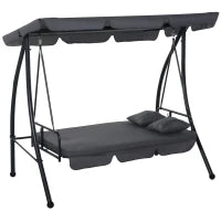 Dondolo da Giardino  a 3 Posti Convertibile in Letto con Tetto Regolabile, Materasso Incluso, Metallo e Poliestere, 2L x 1,25l x 1,7H m, Grigio Scuro