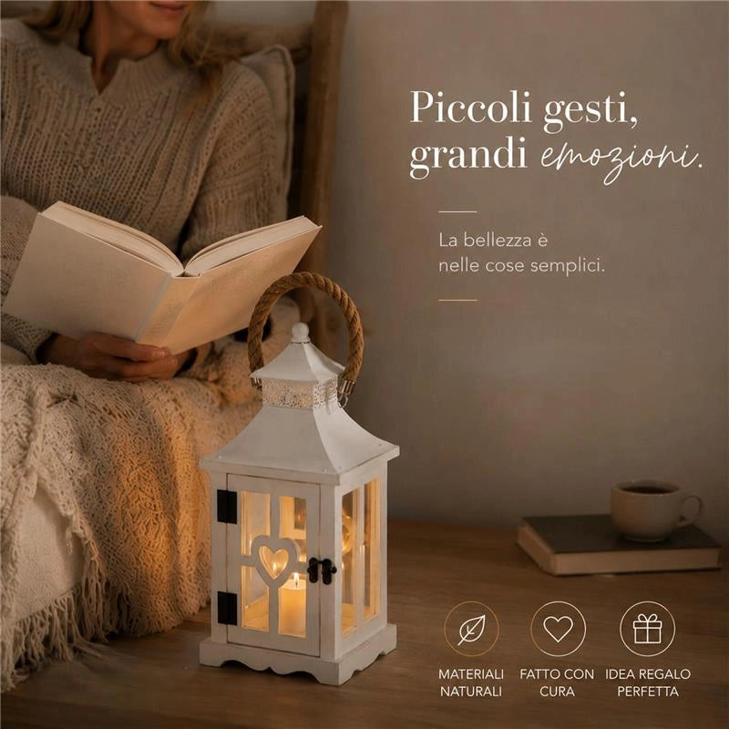 LANTERNA IN LEGNO BIANCO CON MANICO DIMENSIONI 18X18X32H CM - COLORE BIANCO