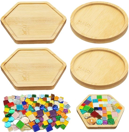 Set di supporti in legno per mosaico 4 pezzi per adulti, supporti per mosaico in legno con tessere di mosaico, supporti per mosaico creativi in legno, regali fatti a mano (rotondo esagono)