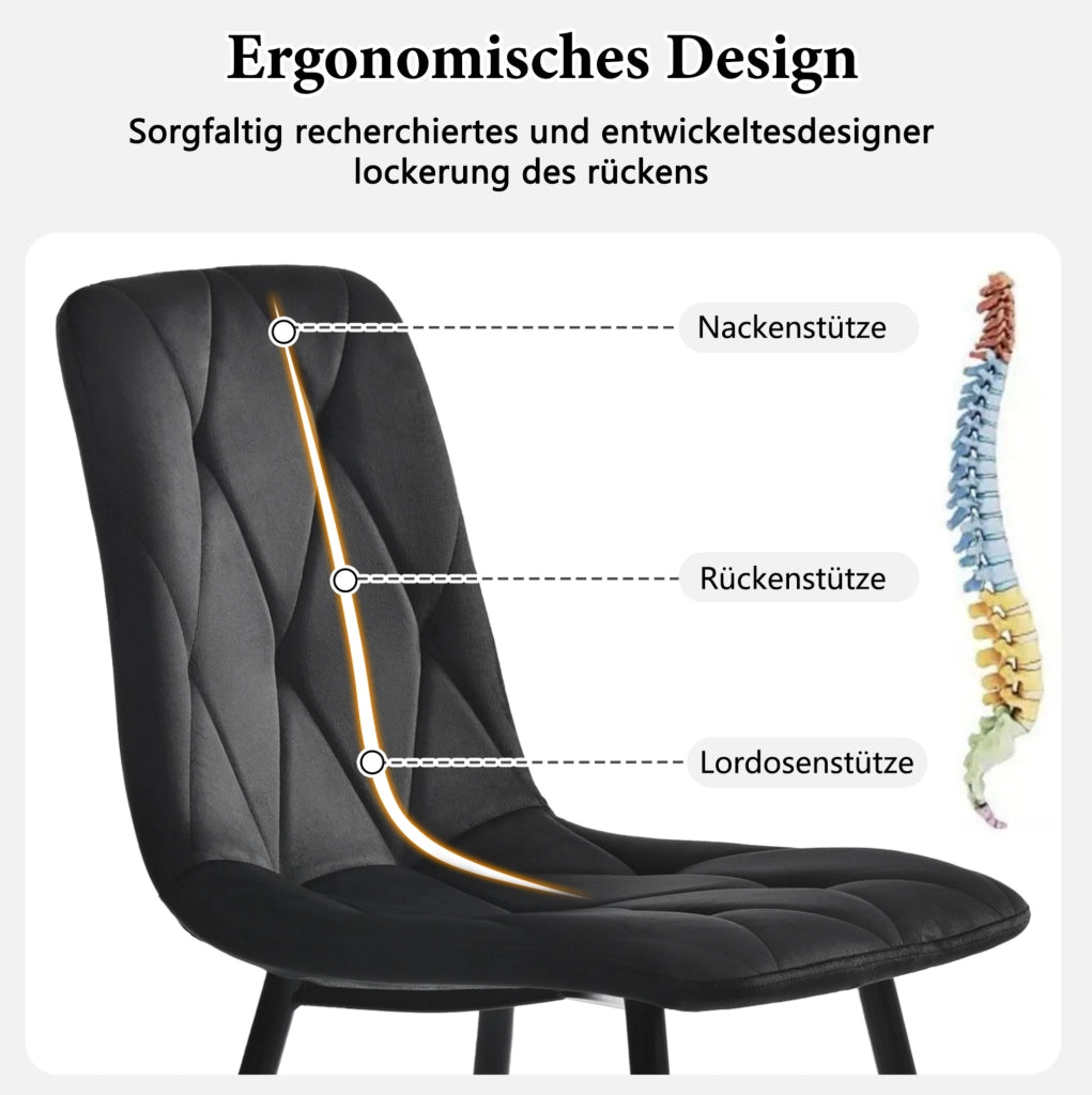 Set di 4 sedie da pranzo imbottite in velluto nero con gambe in metallo