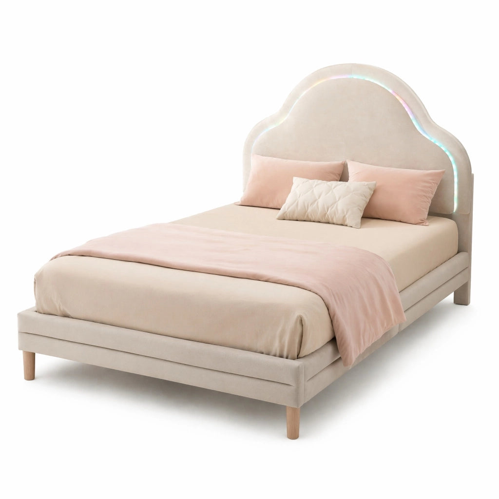 Letto Singolo 90 x 200 cm - LED Multicolore e Testiera Imbottita a Nuvola - Velluto - Beige
