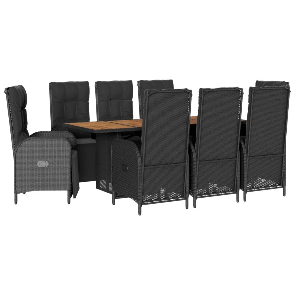 Set da Pranzo da Giardino 9 pz con Cuscini Nero in Polyrattan