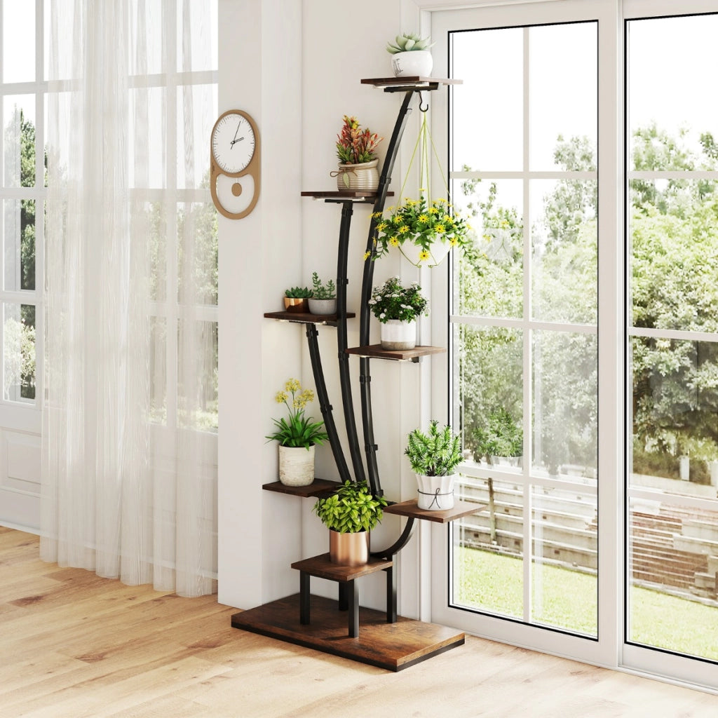 Porta vasi per piante multiple scaffale angolare in metallo a 8 ripiani per fiori-Supporto per piante da interno con luci di crescita Marrone