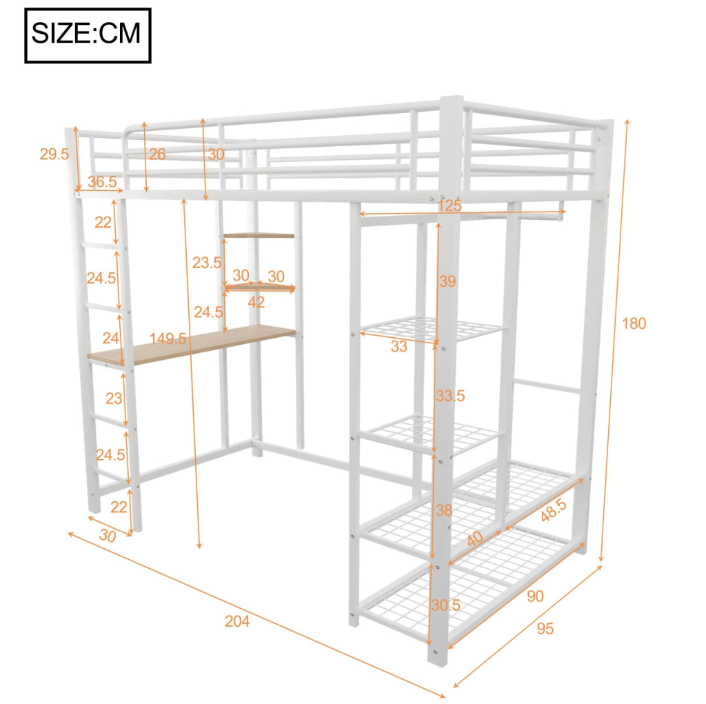 Letto a soppalco 90x200 cm con scrivania e armadio, bianco