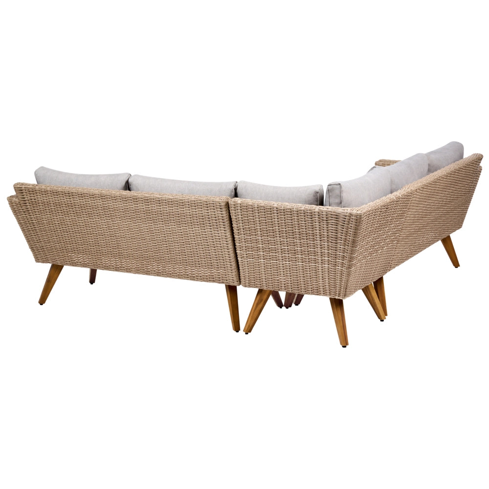 Set da giardino in rattan PE chiaro, divano angolare a 6 posti con cuscini grigi e tavolino da caffè, stile country per esterni