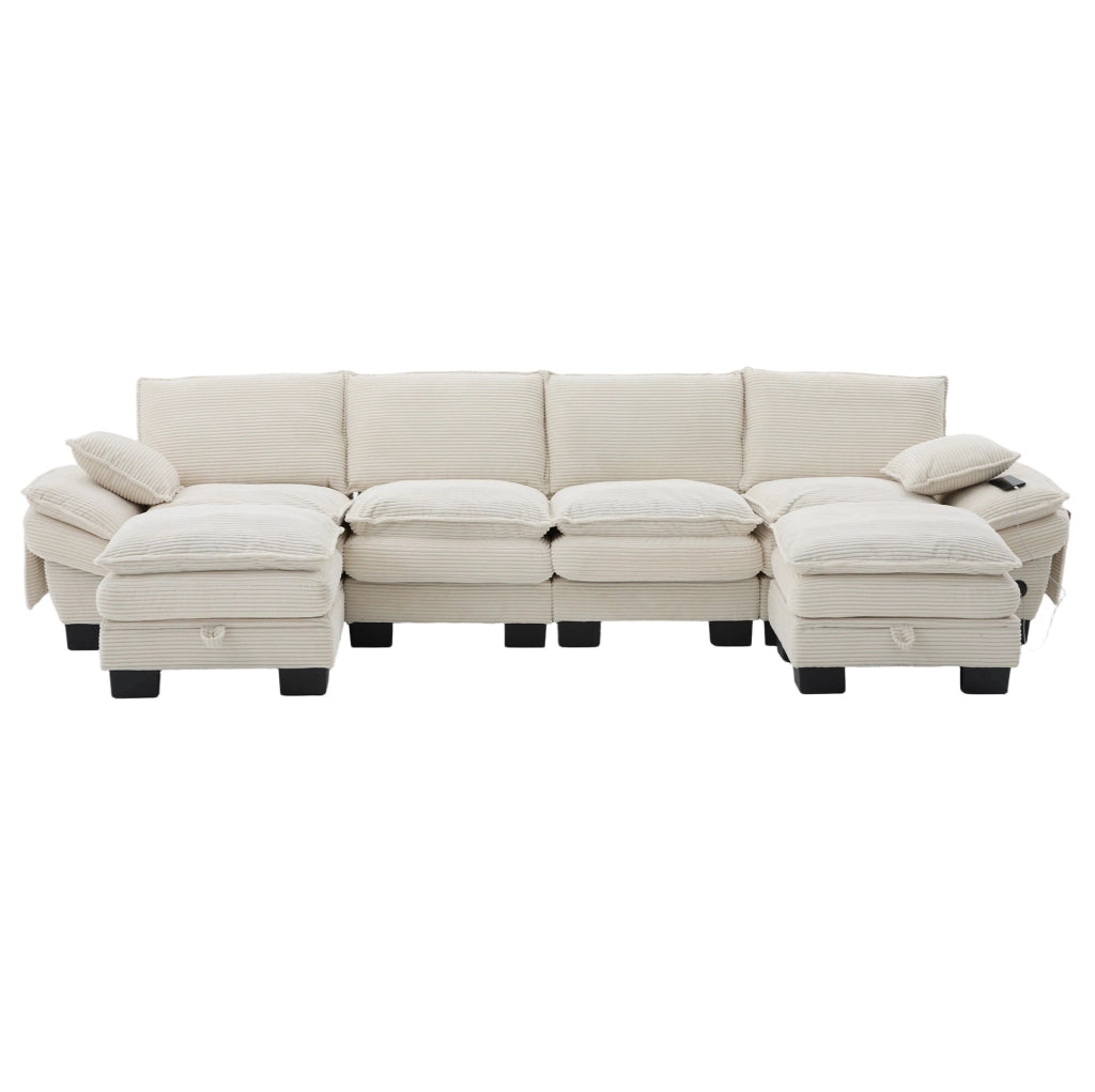 Divano modulare 4 posti ULEVR 330x132x84 cm con 2 pouf, porta USB-C e tasche laterali, beige