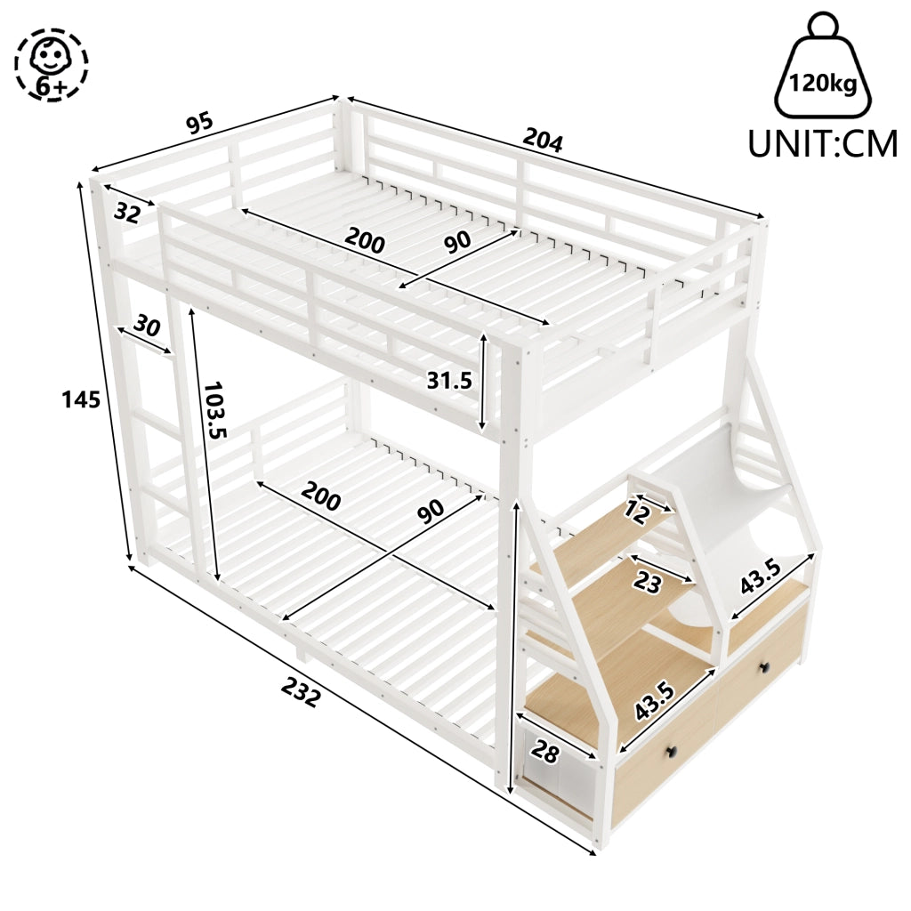 DESMIU Letto a castello 90 × 200 cm 2 posti con LED, ripiani e 2 cassetti in tessuto, senza materasso, bianco