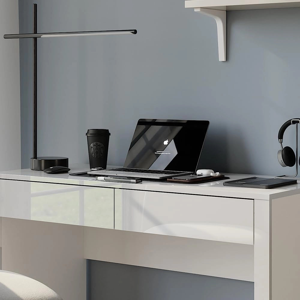 Scrivania Annabelle, Bianco lucido/bianco, 110 x 50 cm con 2 cassetti, adatto come postazione di lavoro per home office o studio