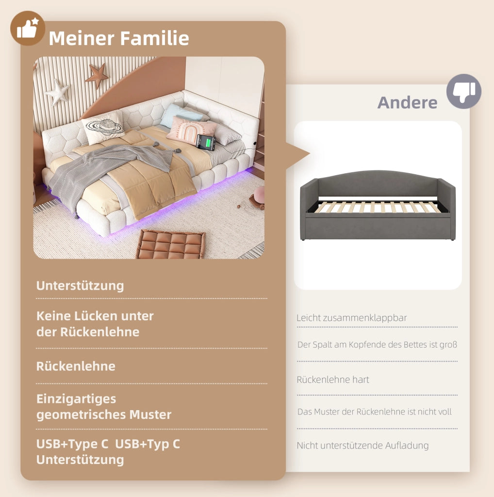 Divano letto Daybed 90x200 cm bianco con LED, USB e Type-C