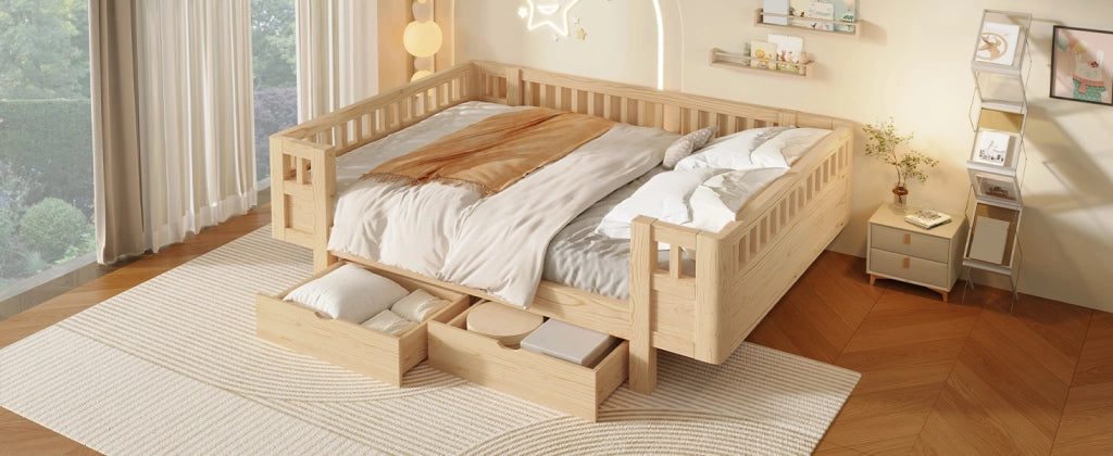 Letto per bambini in legno massiccio con sponde protettive e due cassetti, finitura legno 140 × 200 cm