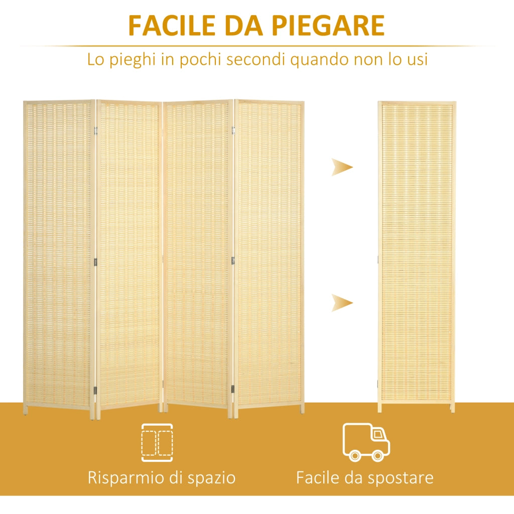 Paravento da Interno a 4 Ante Pieghevole Altezza 180cm, Legno e Bamb¨´ Stile Boho, Colore Naturale
