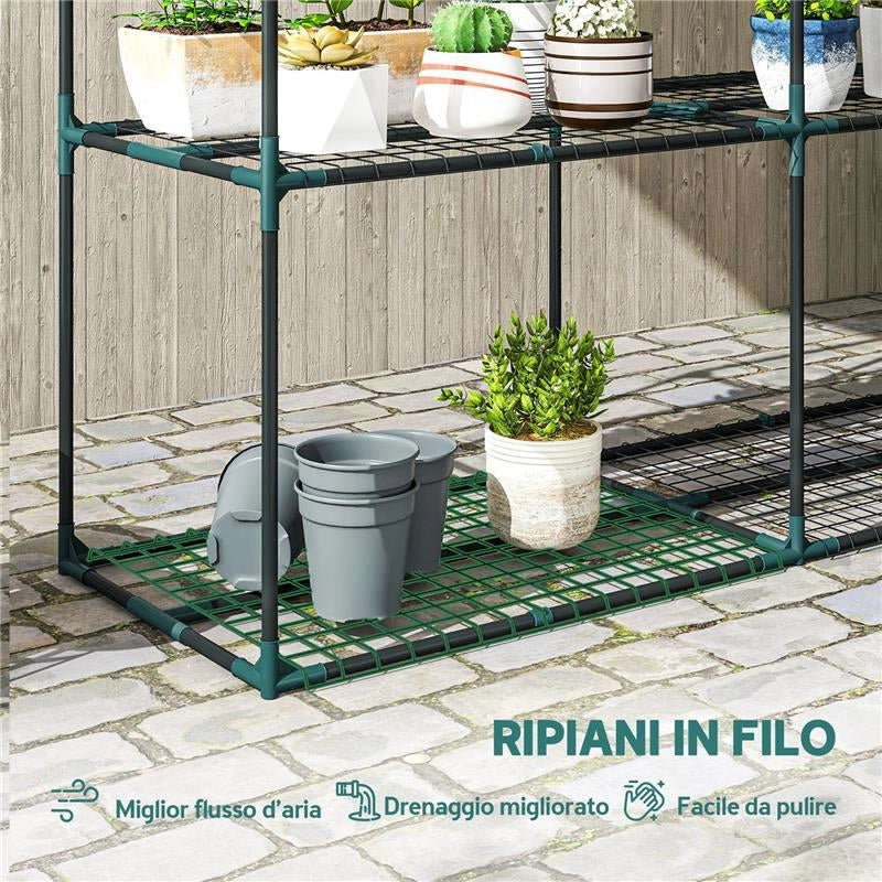 PORTAPIANTE A 3 LIVELLI APERTI IN ACCIAIO E PLASTICA, 143X48X100 CM, VERDE SCURO