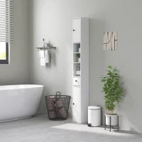 Colonna Bagno Salvaspazio con 2 Armadietti, 3 Ripiani Aperti e Cassetto, in Legno, 20x20x178 cm, Bianco