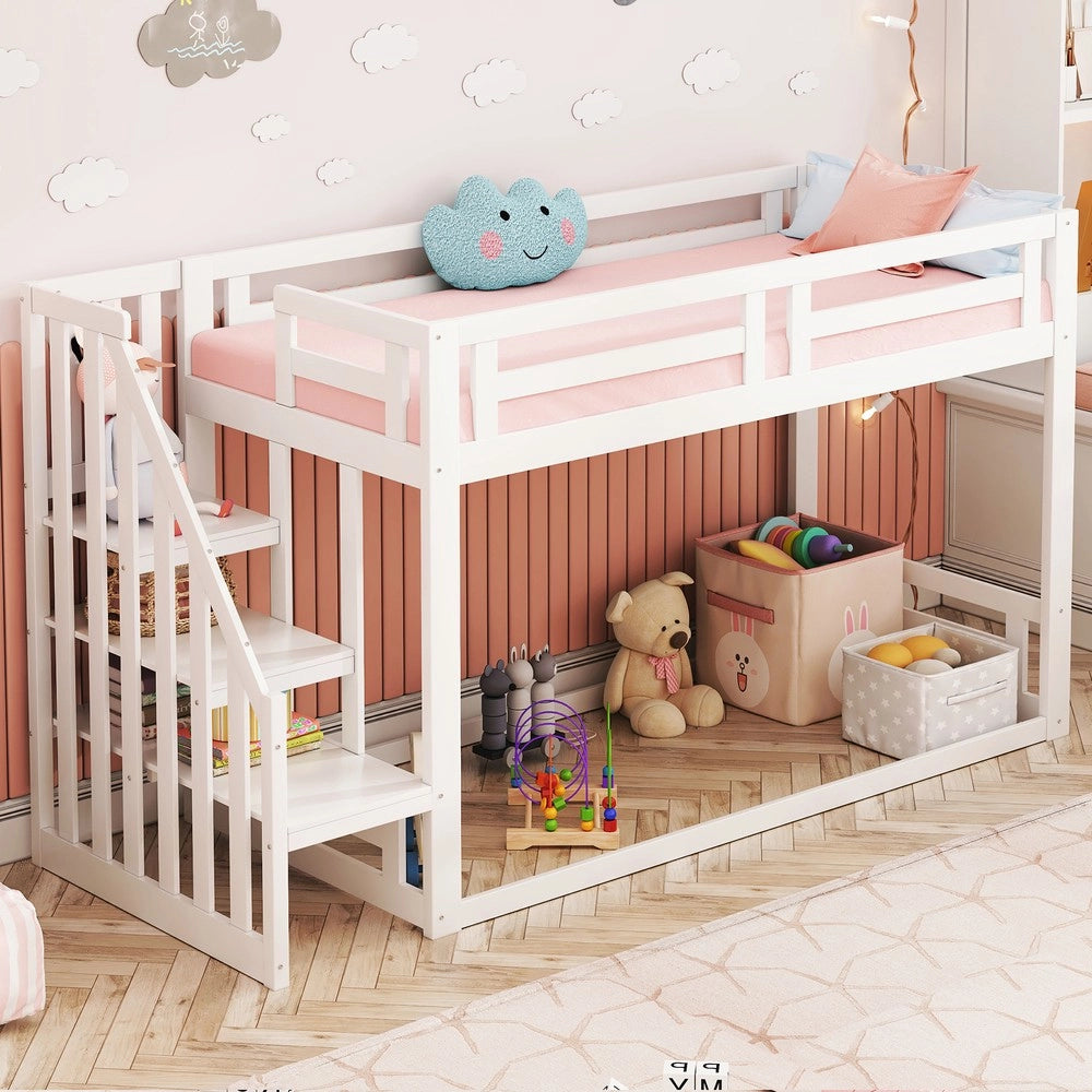 Letto a Castello Basso per Bambini con Scala ¨C MINIMAL ¨C Massello Bianco, Doghe, 90x200