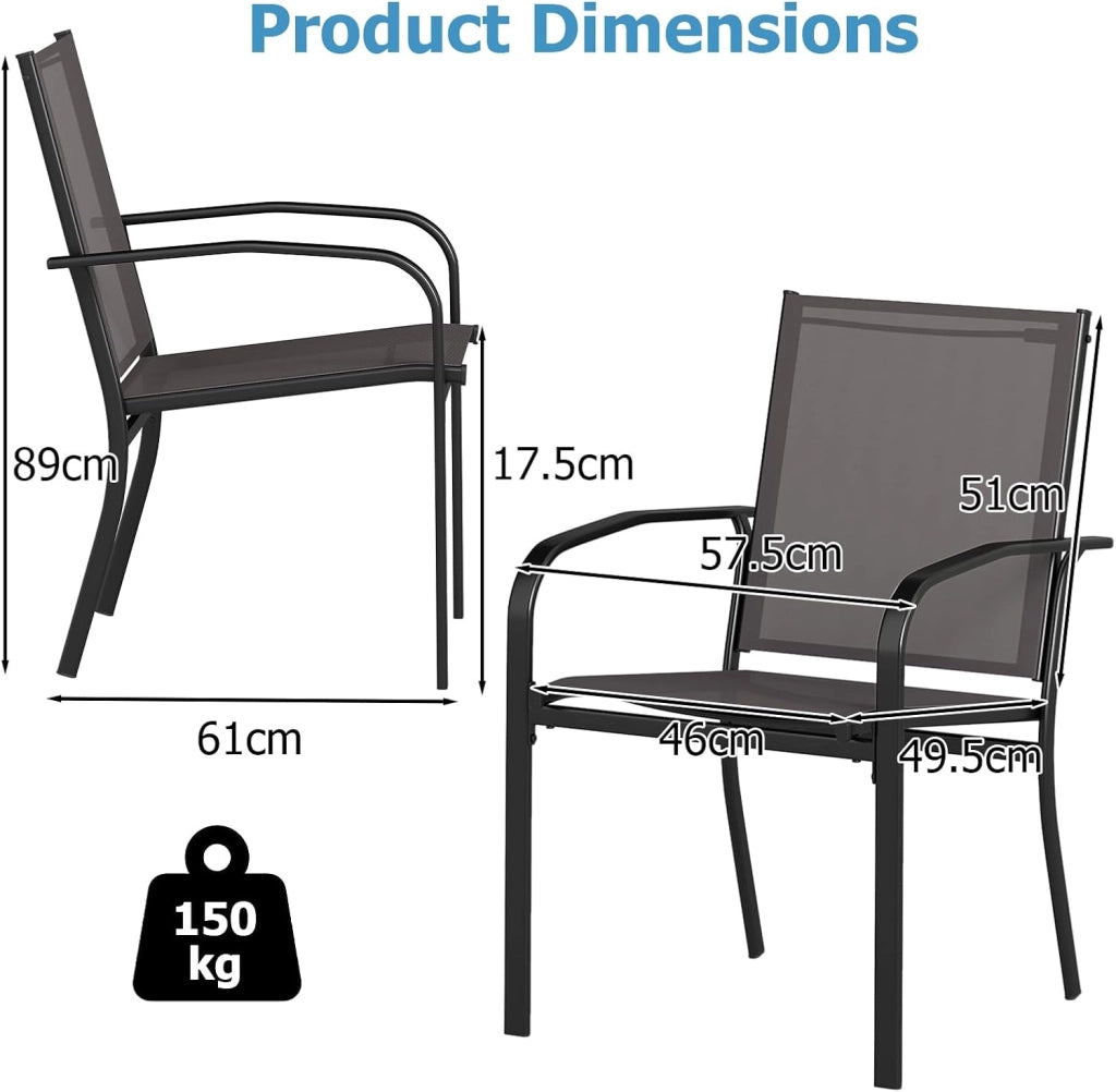 Set di 2 sedie da giardino impilabili, sedie terreze esterne in Textilene con telaio in metallo, poltrona da pranzo con schienale alto e braccioli, carico 150 kg, 58 x 61 x 89 cm, grigio (2)