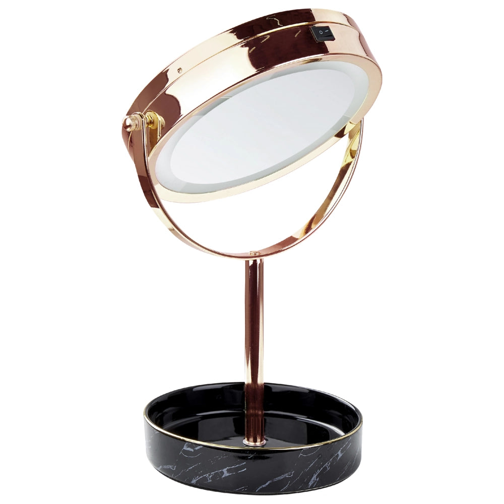 Specchio trucco con luci LED e telaio in ferro Ø 20 cm in color oro rosa e nero moderno