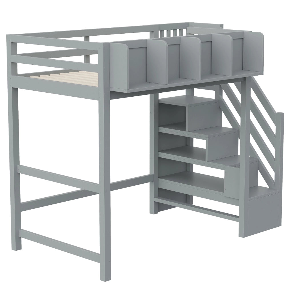 Letto a soppalco ULEVR 90x200 cm con LED, barriera di sicurezza, vani portaoggetti e scala, grigio