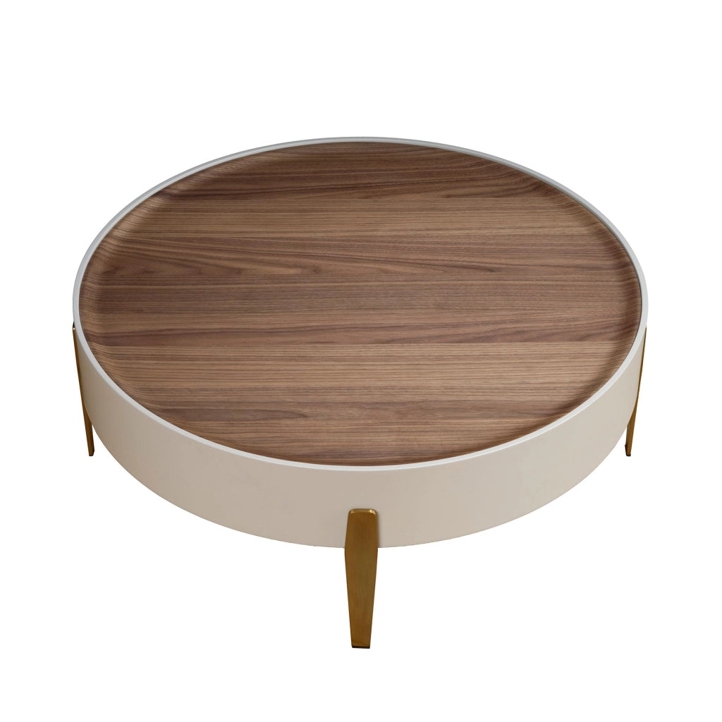 Tavolino rotondo in noce, legno beige e acciaio dorato lucido