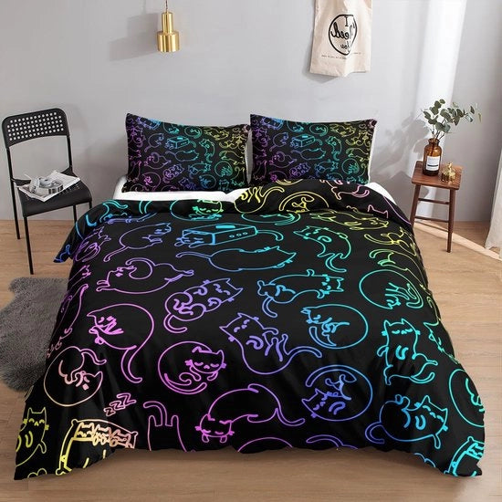 Set di letti per gatti per bambini, stampa di gatto fluorescente, copriletto con 2 cuscini (gatto S fluorescente)