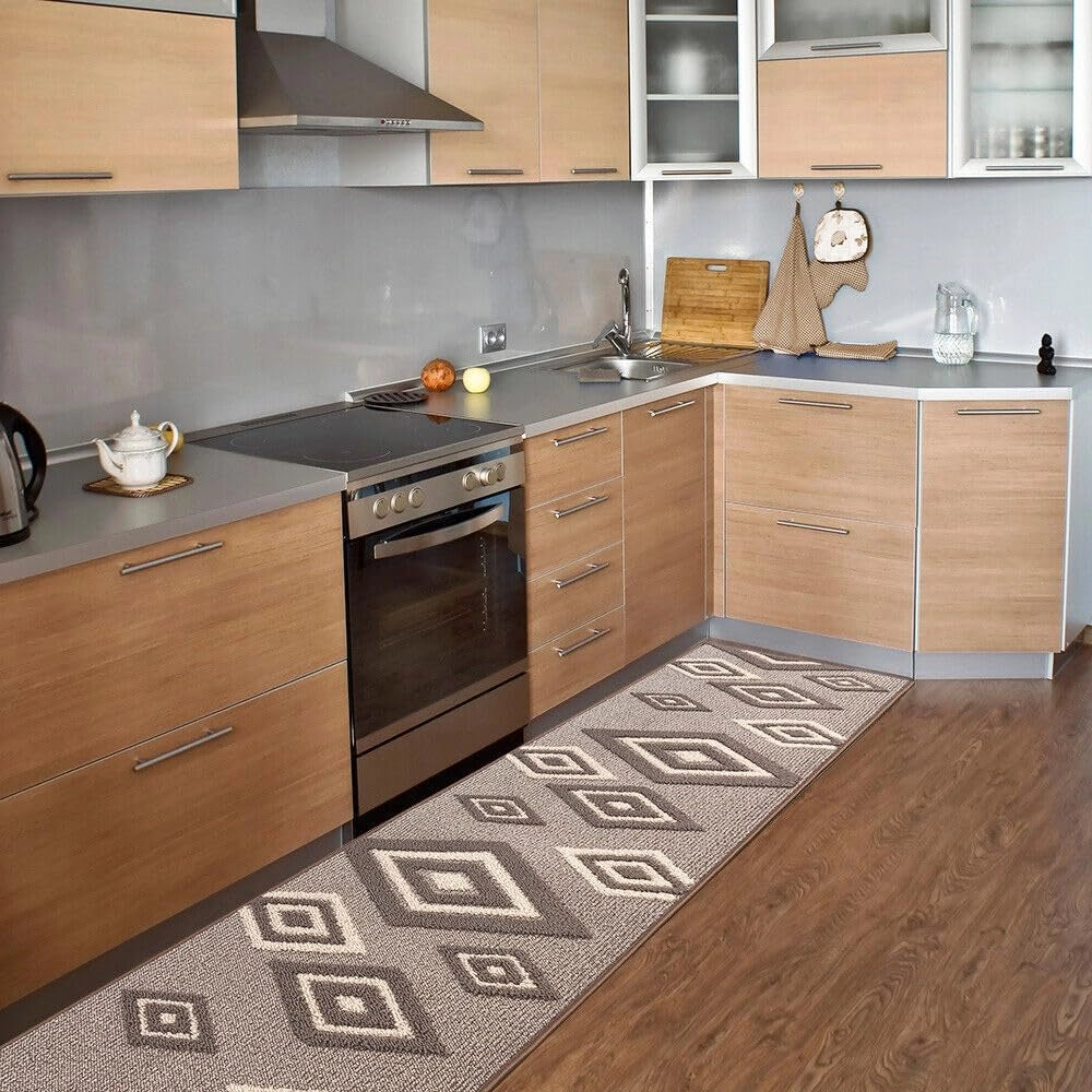 Tappeto Cucina Rombi .3D 57x270 Cm Assorbente Morbido Moderno Antiscivolo Beige