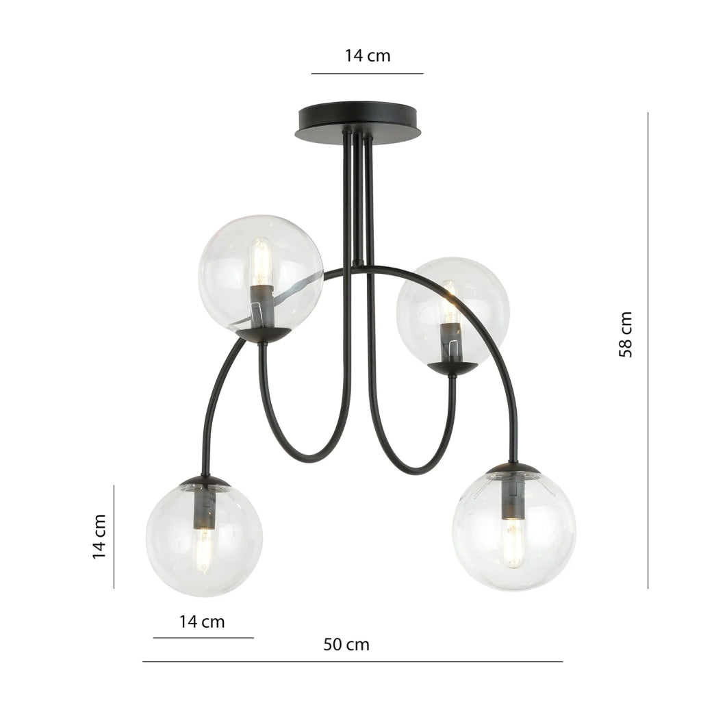 Plafoniera Moderna Utu 4 Luci In Acciaio Nero E Vetro Trasparente 50 Cm