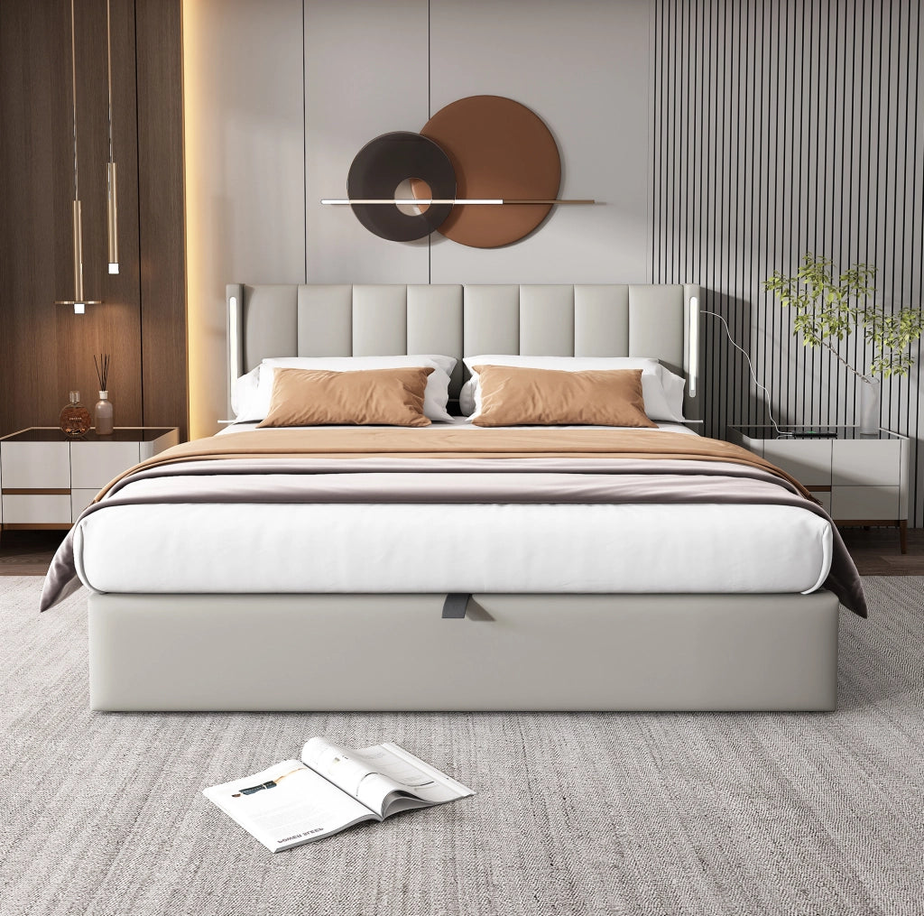 Letto matrimoniale 180x200 cm in PU grigio con LED e USB