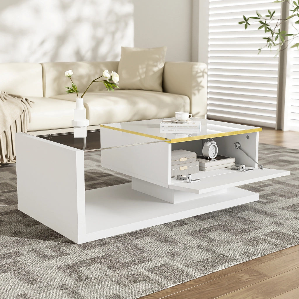 Tavolino Da Caffè 90 cm con Piano in Vetro e LED 16 Colori; Vani a Giorno; Bianco Lucido; 90×50×32;5 cm