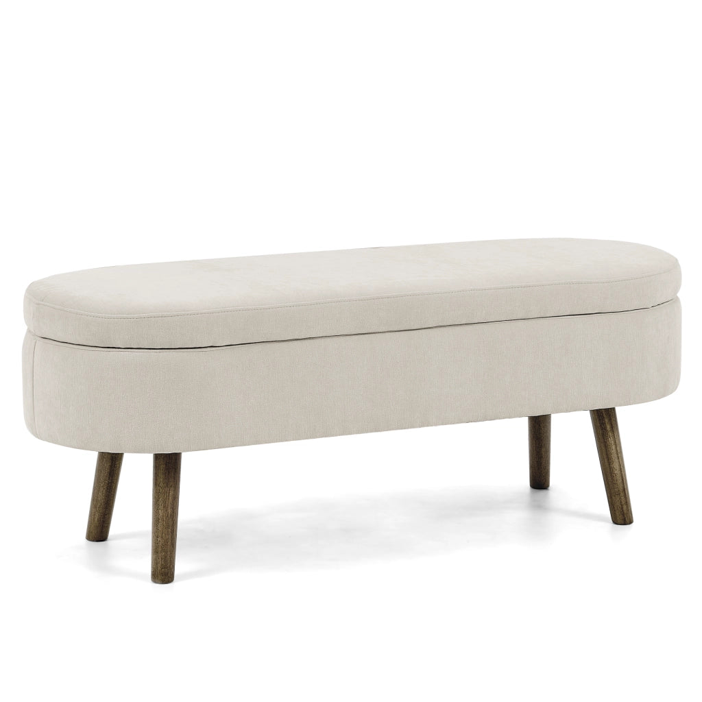 Panca contenitore in chenille beige con struttura in legno massello, 20L, 110x40x42 cm