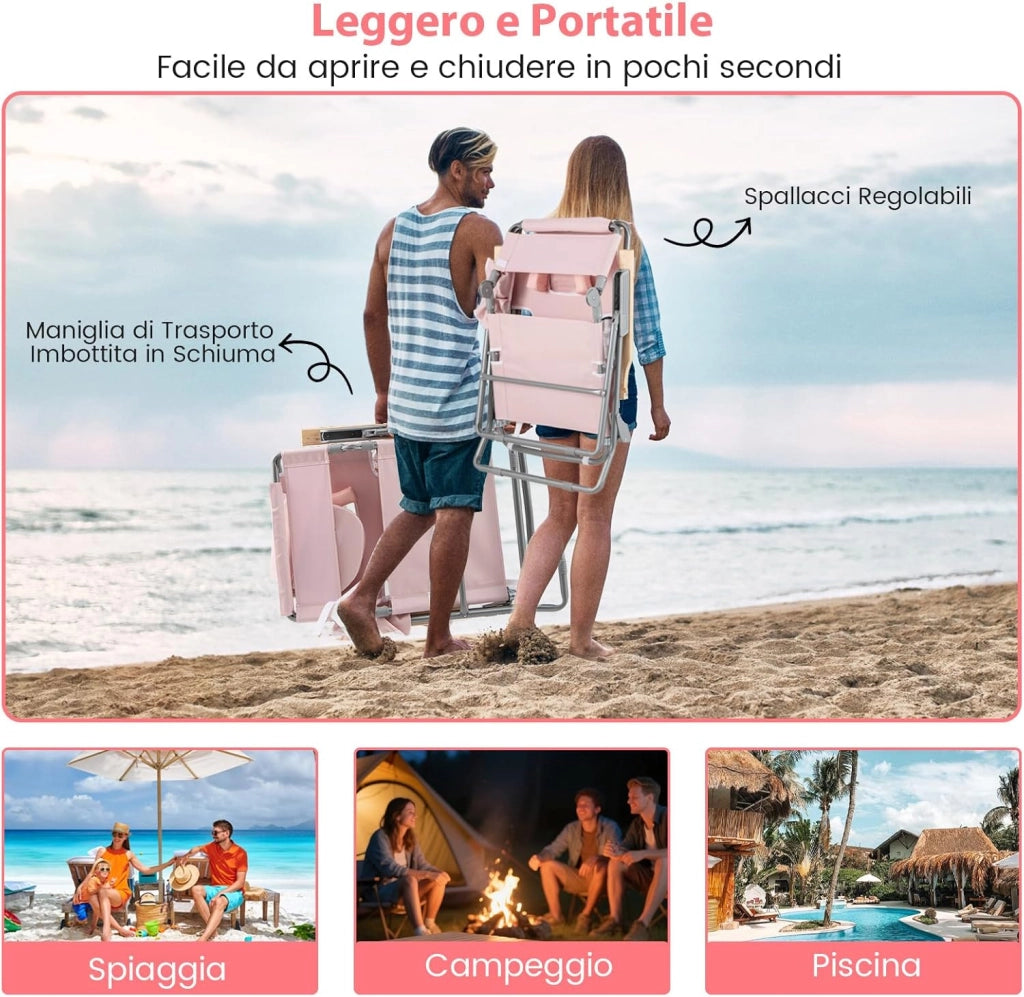Sedia da Spiaggia Pieghevole, con Foro per il Viso, Schienale Regolabile a 4 Livelli, Poggiapiedi Regolabile, Lettino Prendisole per Spiaggia, Campeggio, Piscina, Portata 150 kg (Rosa)