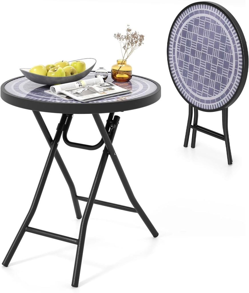 Tavolo da giardino in vetro temperato da 46 cm, tavolino pieghevole con telaio in metallo, tavolo da pranzo rotondo per patio, terrazza, balcone, tavolo laterale per interni ed esterni