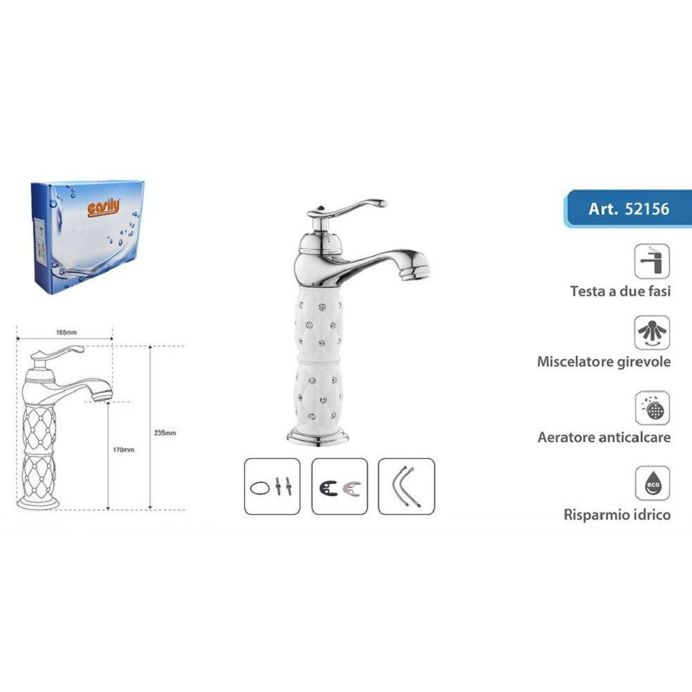 Trade Shop - Rubinetto Lavabo Brillantini Miscelatore Bagno Monoforo Argento Canna Alta 52156 -