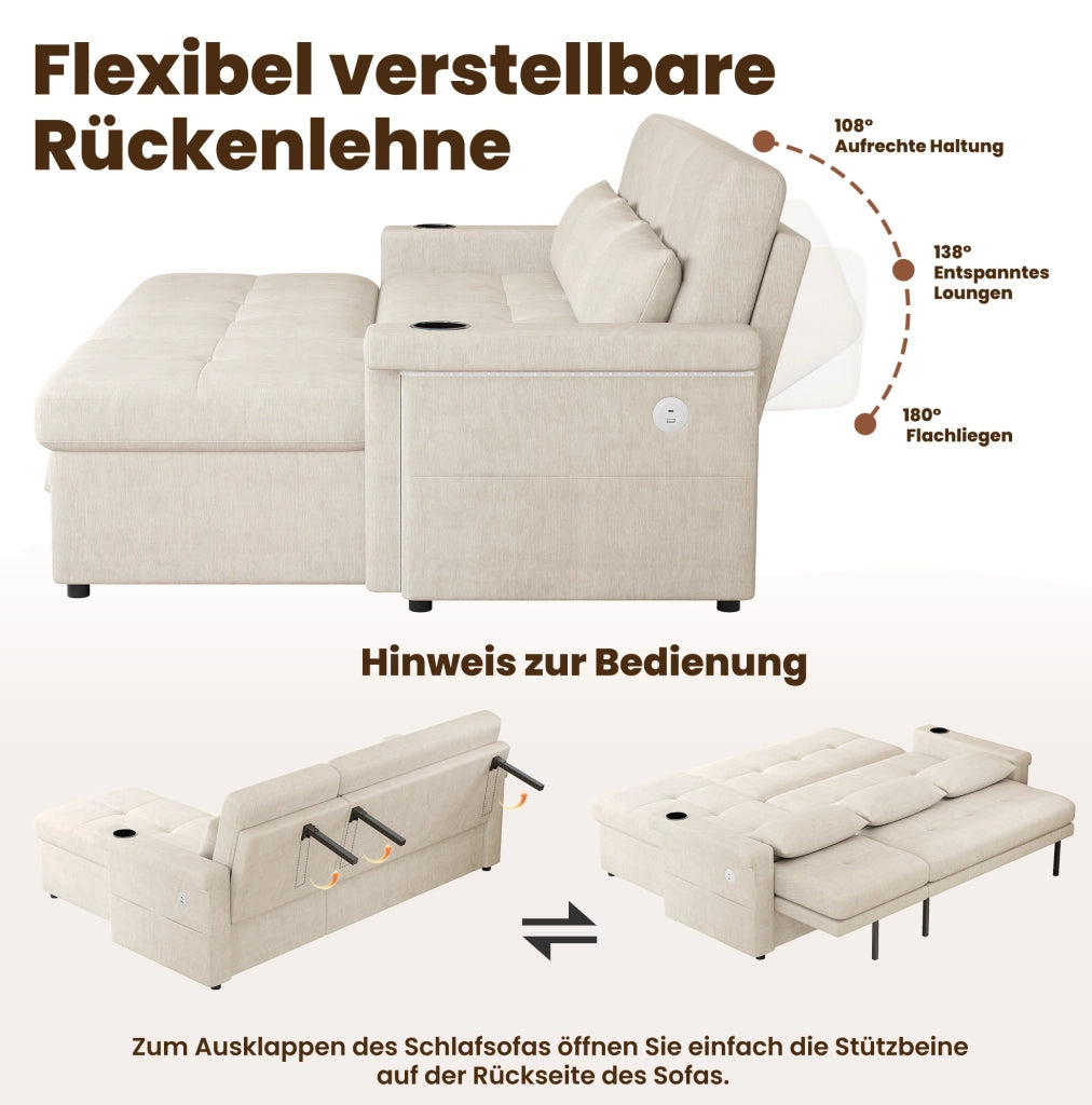 Divano letto angolare 209x141;5x90 cm in ciniglia beige con LED; USB/USB-C e contenitore