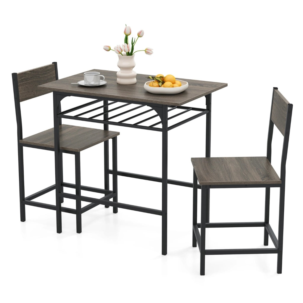 Set da 3 pezzi di tavolo e sedie con struttura in metallo e ripiano di stoccaggio, Set da pranzo per piccoli spazi Grigio-Tavoli e sedie da pranzo