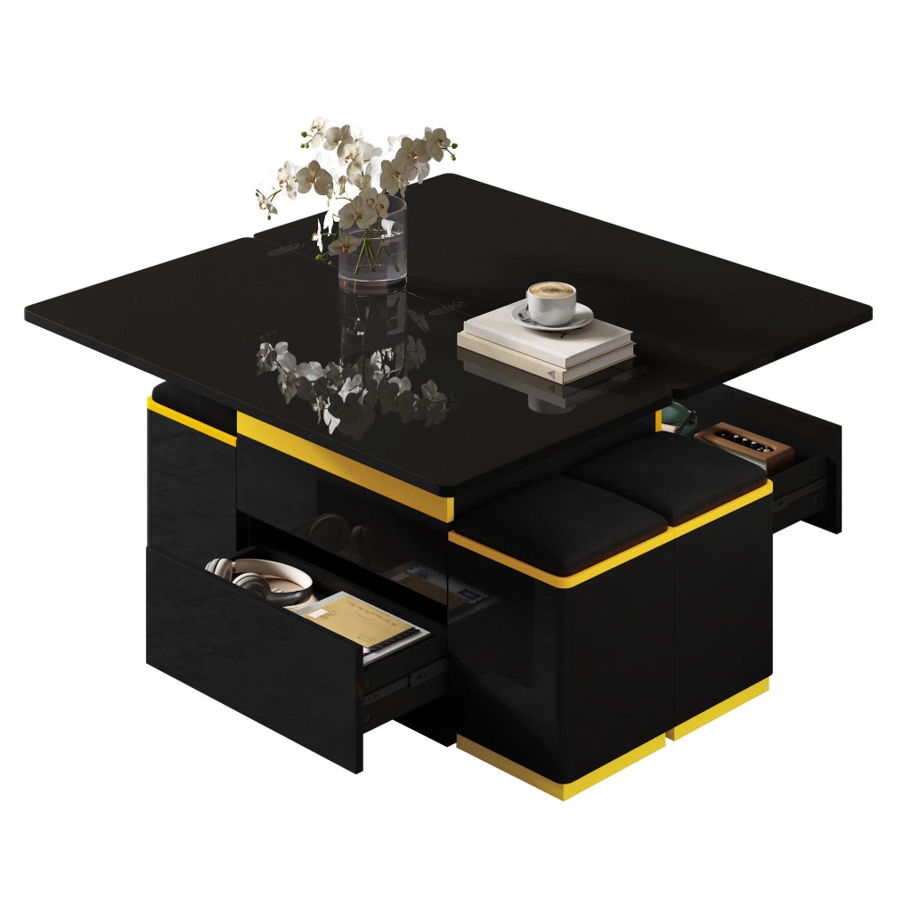 Tavolino da caffè 100x50x43 cm; sollevabile e pieghevole con contenitore; MDF e pannello truciolare nero