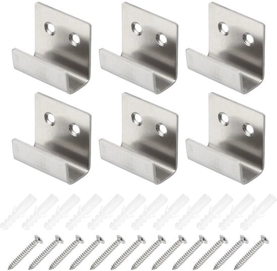 Set di 6 clip per specchio a forma di U per fissaggio al muro, dimensione L, con viti, in acciaio inossidabile, colore argento.
