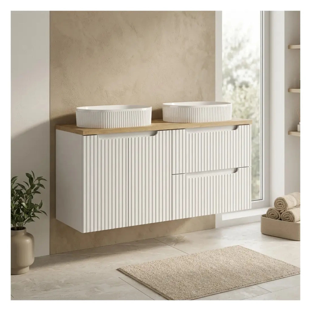 Set VANO bianco 120cm: mobile sottolavabo con cassetti e armadietti + piano per lavabo + due lavabi da appoggio scanalati