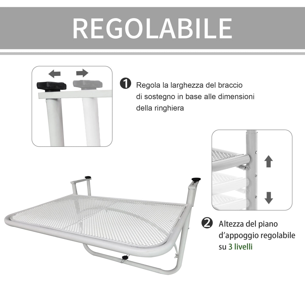 Tavolino Sospeso da Balcone 60x56.5x45 cm Regolabile in Ferro Bianco
