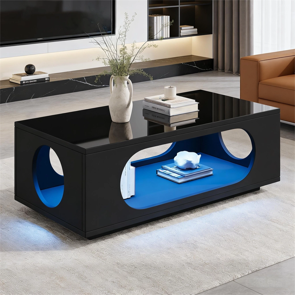 Tavolino da Caff¨¨ con LED ¨C MINIMAL ¨C MDF Nero Lucido, 100x50x35