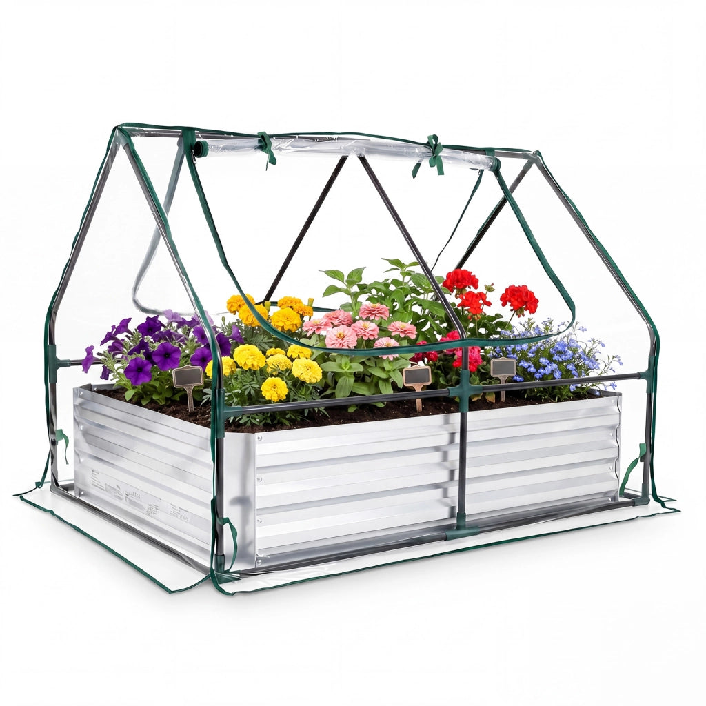 Mini serra orto rialzato zincato con drenaggio esterno, Fioriera da giardino con cassone per terrazzo 127x97x93cm
