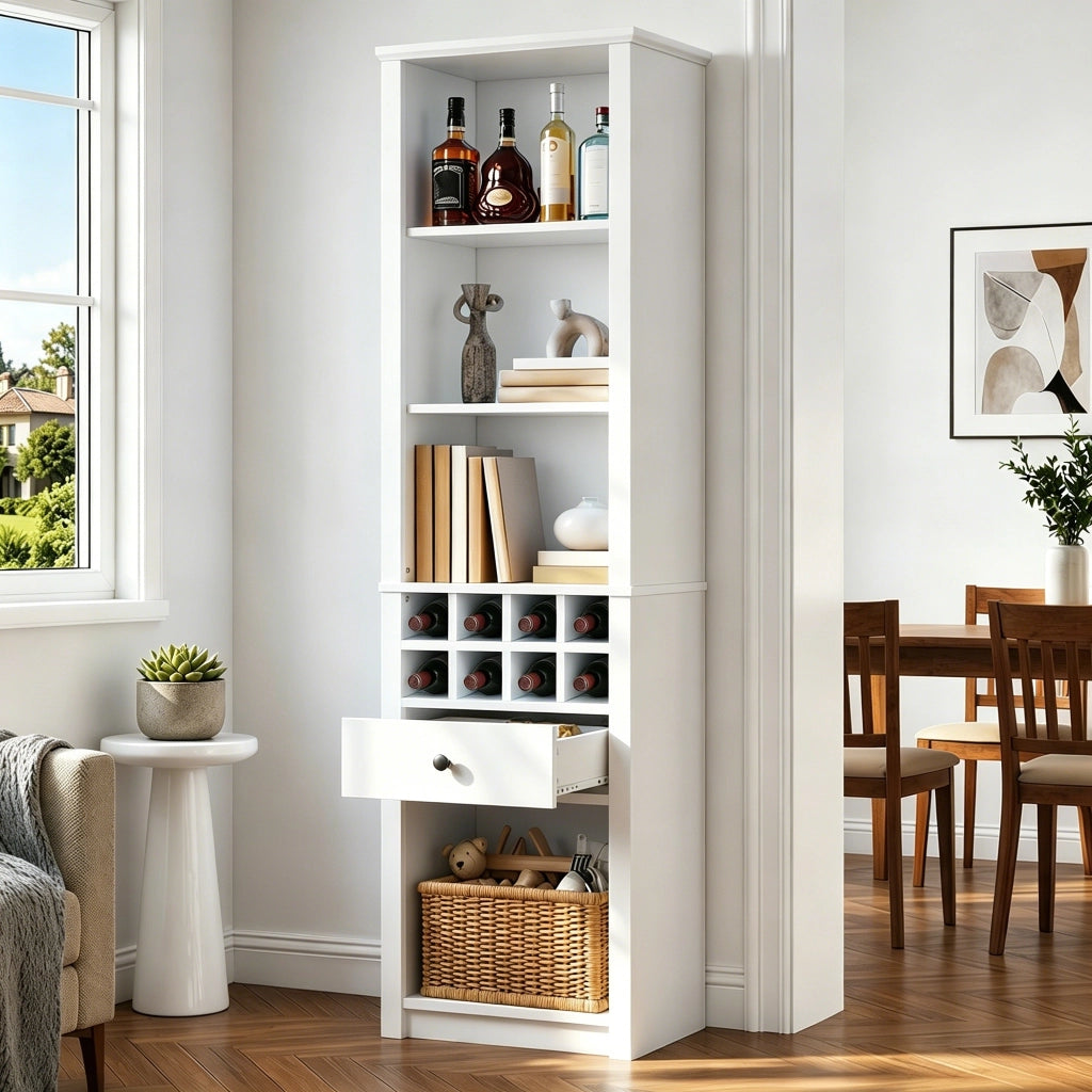 Vetrina con 1 cassetto e 12 vani con LED; per soggiorno; cucina e studio; in MDF bianco; 55×40×200 cm
