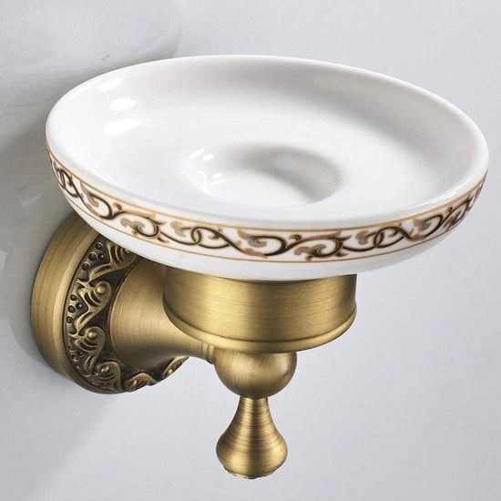 Antico contenitore per sapone da parete - Messing e ceramica - Stile retro - Montaggio da parete con foratura