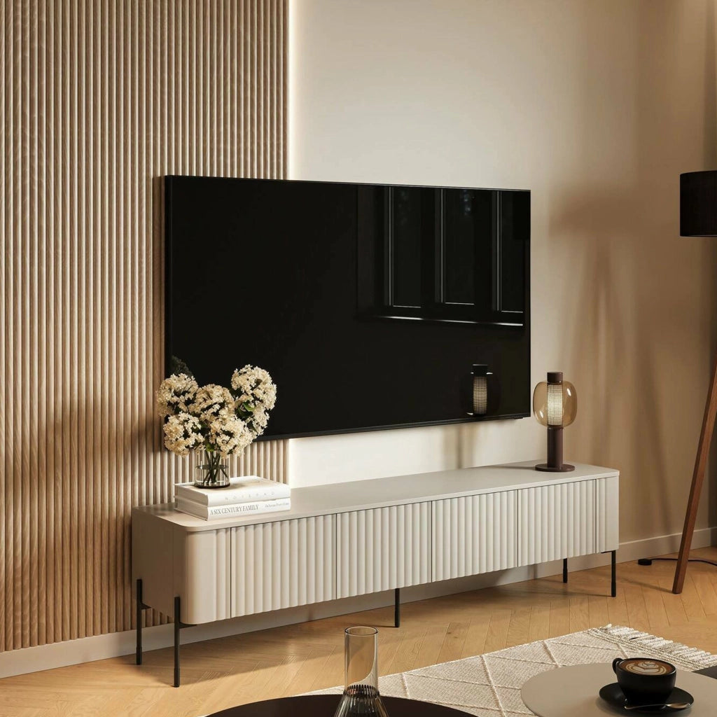 Mobile porta TV Brembana, Madia da salotto con quattro ante battenti, Rialzato da terra, 190x40 h50 cm, Beige