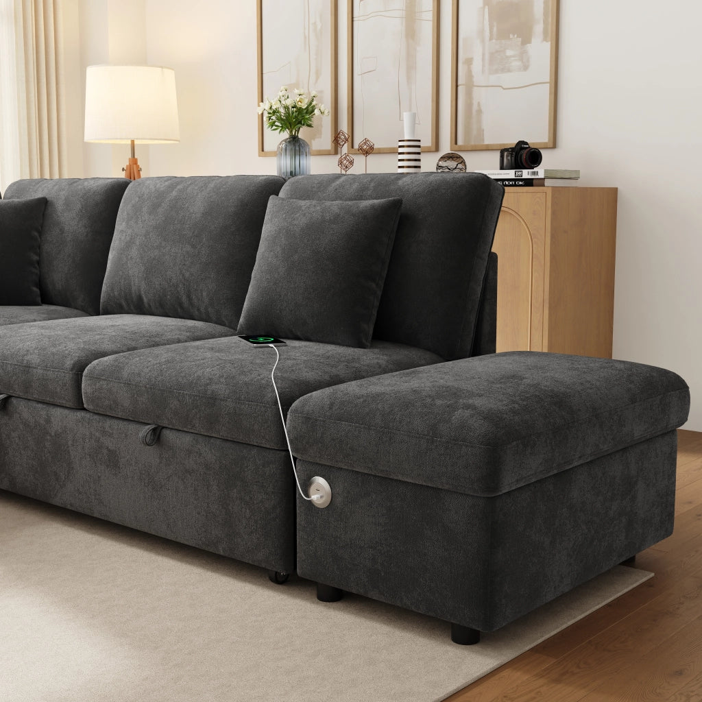 Divano angolare convertibile modulare con letto estraibile, contenitore e usb e type-c, con cuscini, in ciniglia grigio