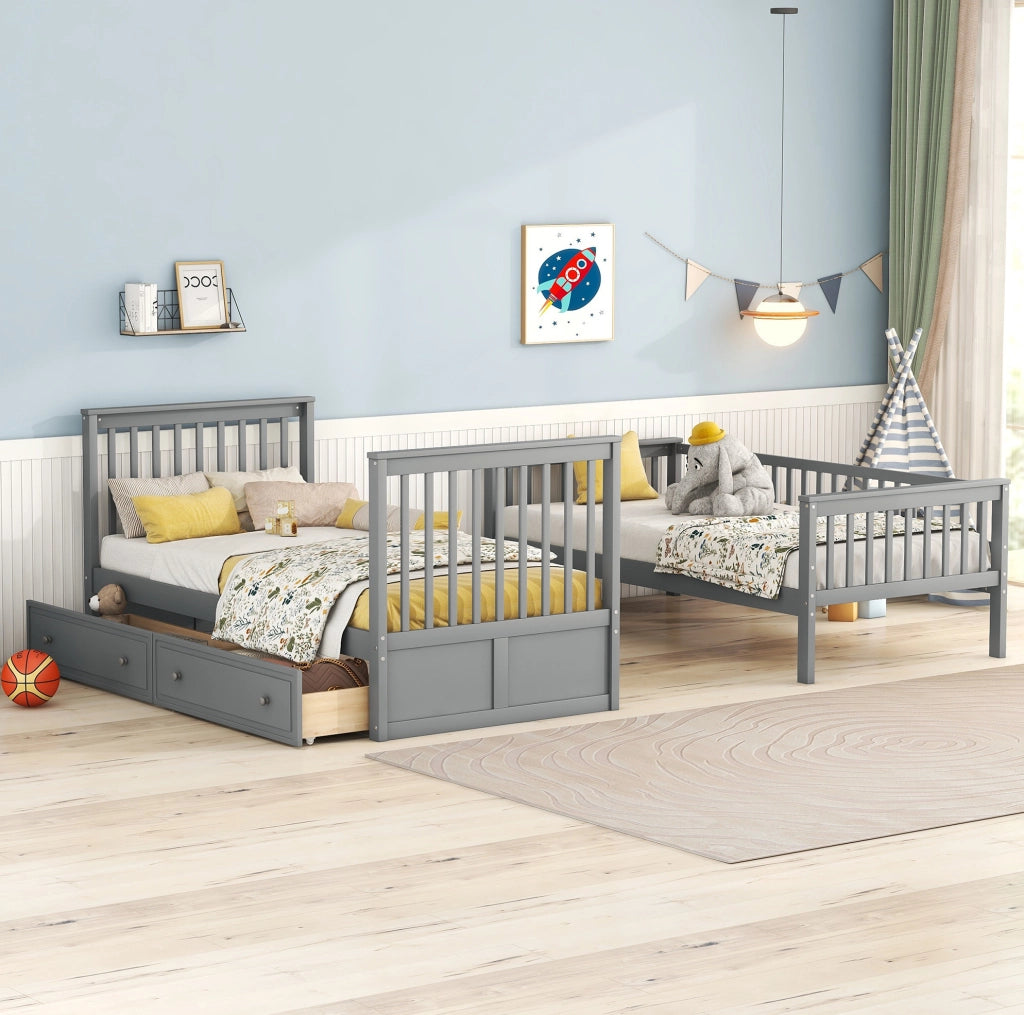 Letto a castello multifunzionale 90x200 cm con cassetti, grigio