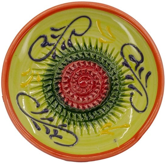 Raspante ceramica - Ideale per gengibre, formaggio Parmigiano ecc. - Motivo: verde con decorazione viola - Diametro: 12 cm - Fatto a mano e decorato a mano - Realizzato in Spagna