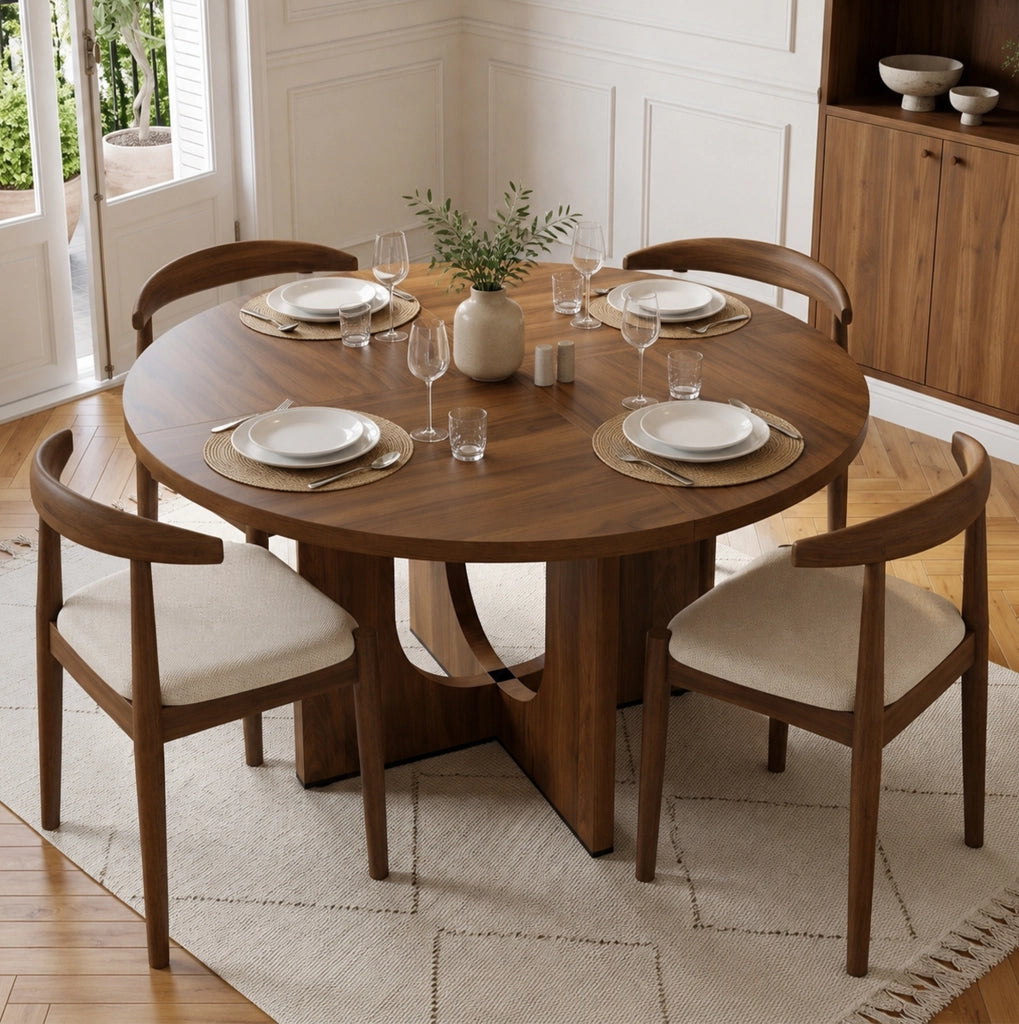 Tavolo rotondo 120 cm per 4-6 persone; montaggio semplice in MDF noce