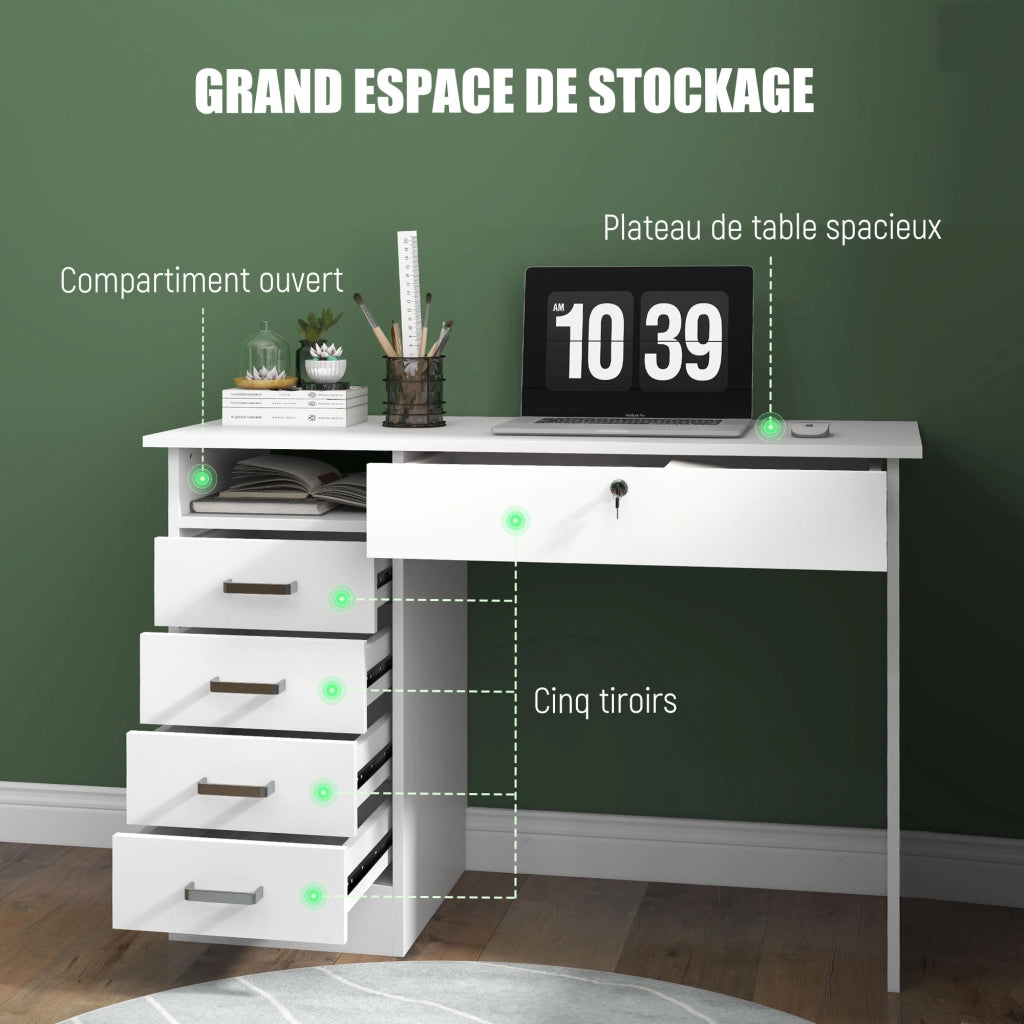 Scrivania moderna con 5 cassetti e ripiano ¨C Xylo ¨C Bianco 110x50x76cm