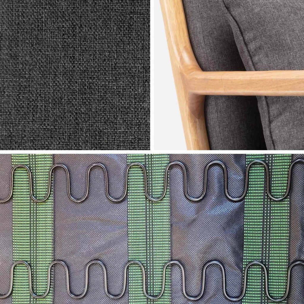 Poltrona scandinava in legno e tessuto con braccioli, grigio scuro